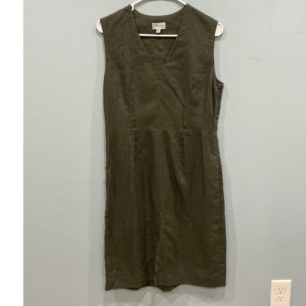 Jigsaw Womens 100% Linen Sheath Dress 6 Hunter Green V-Neck Sleeveless Pockets